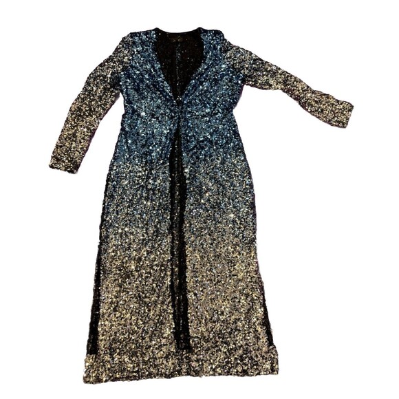 Alexia Admor dressy Blue Silver Ombré sequined DUSTER wrap Jacket cardigan Large - Picture 1 of 15